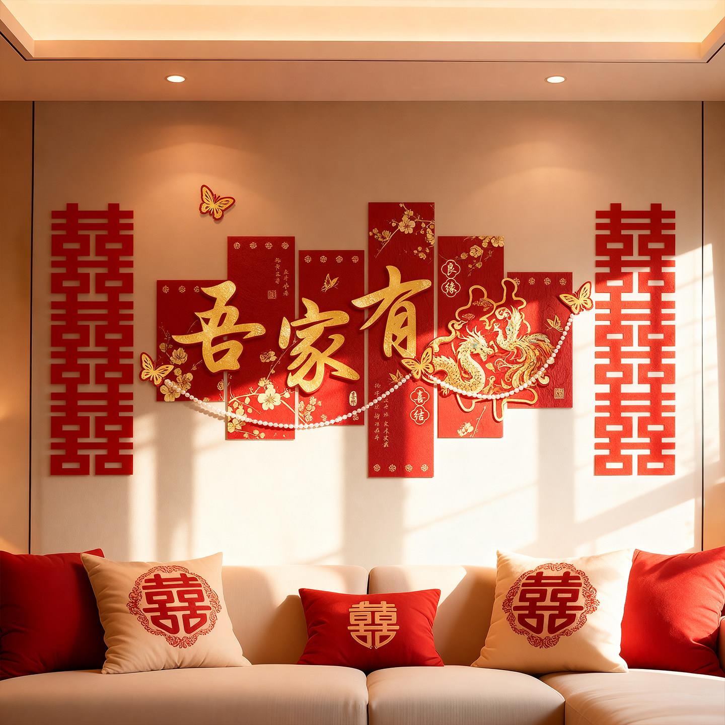 婚房布置喜字kt板套装新房客厅沙发拉花装饰婚礼拍照道具婚庆用品