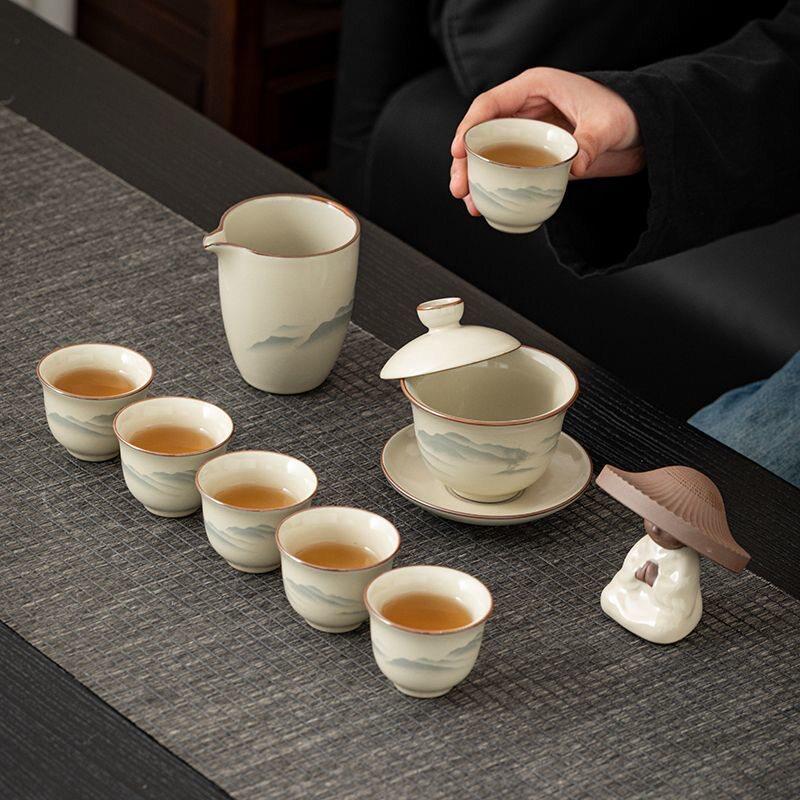 汝窑功夫茶具套装家用客厅陶瓷茶壶盖碗茶杯全套办公室高档泡茶器