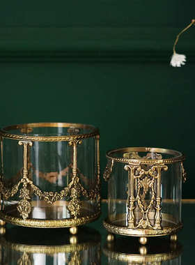 费灵家居欧式复古雕花黄铜玻璃收纳桶化妆刷笔筒桌面轻奢摆件进口