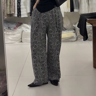 女2025新款 长裤 夏季 直筒提花松紧腰休闲裤 女 薄款 欧货腰果花阔腿裤