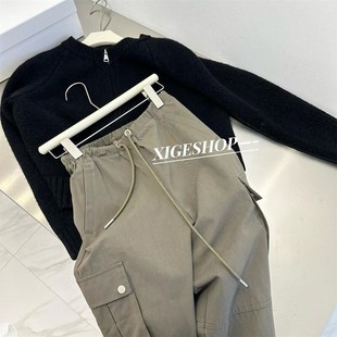 女2023秋季 裤 新款 中低腰抽绳束脚休闲裤 美式 阔腿裤 复古多口袋工装