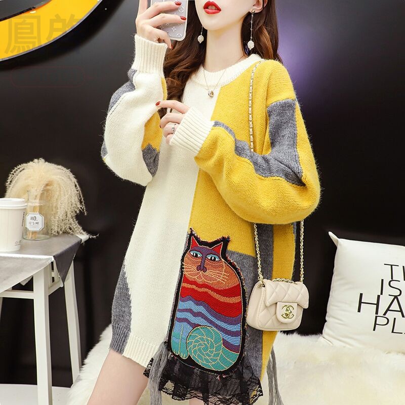 女中长款流苏毛衣2022时尚拼接加厚宽松大码针织衫秋冬外穿慵懒风