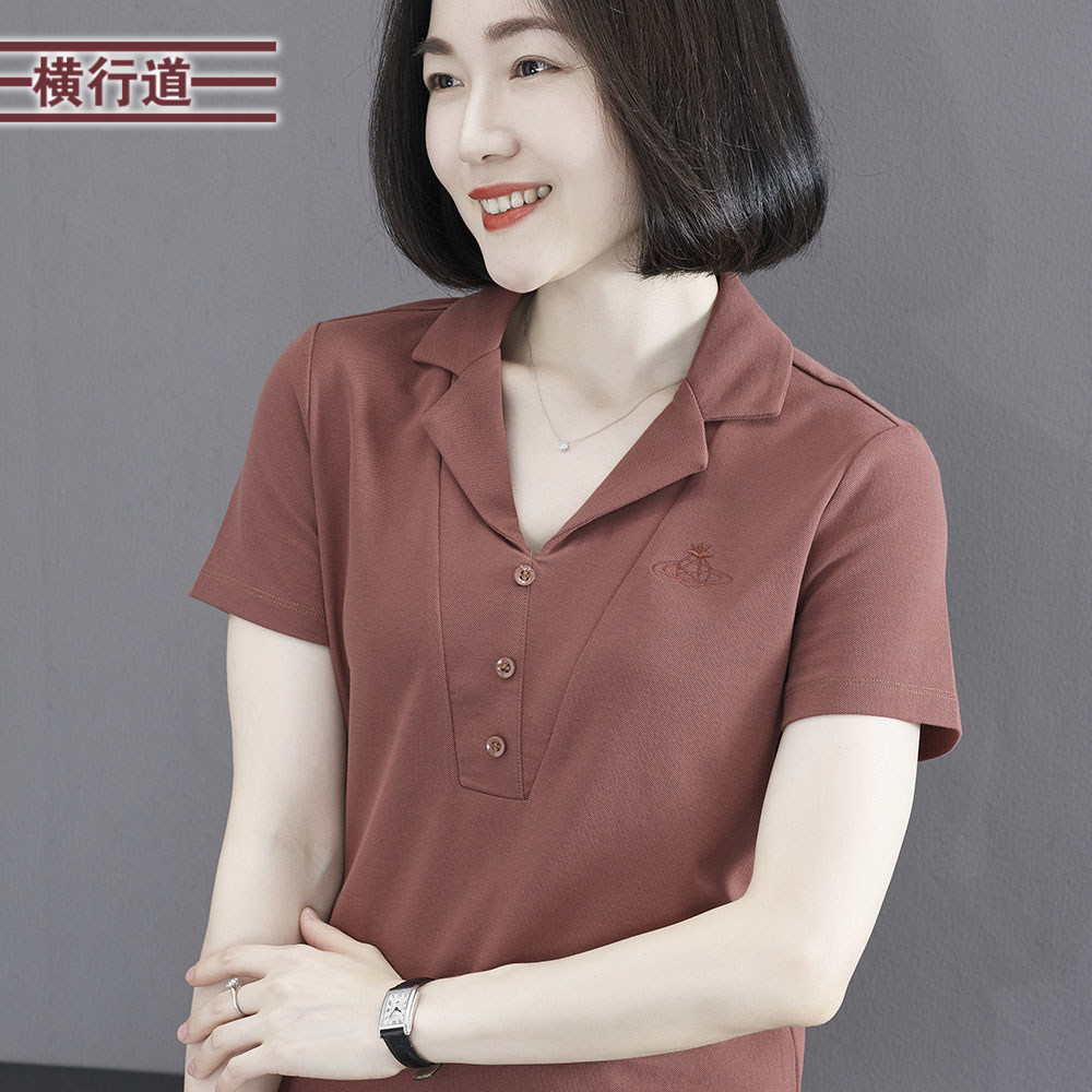 2025夏季简约纯色纽扣翻领绣花珠地宽松短袖T恤新款女装大码上衣