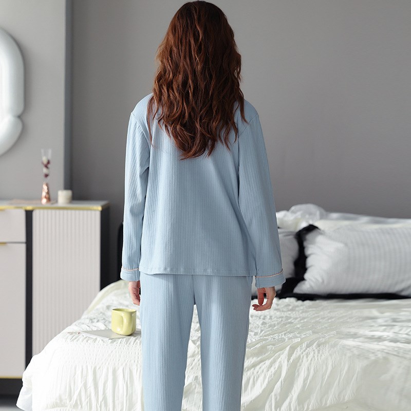 加工定制睡衣女春夏季纯棉长袖家居服全棉女士翻领纯色睡衣套装秋
