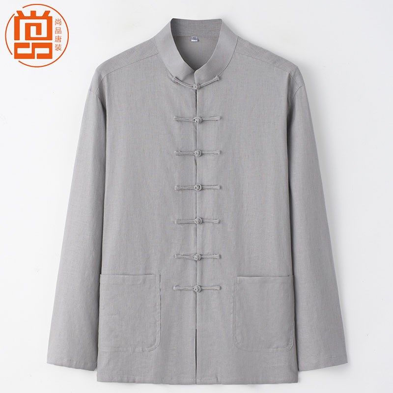 中老年唐装男爸爸薄款夏季冰丝亚麻长袖衬衫爷爷夏装冰感休闲衬衣