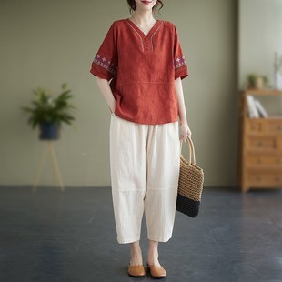 夏装新款中年女士妈妈棉麻套装洋气民族风亚麻短袖t恤纯棉两件套