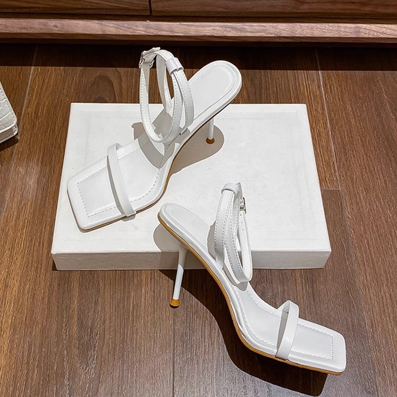 凉鞋2024年新款夏季韩版百搭网红后空方头白色一字带高跟鞋女细跟