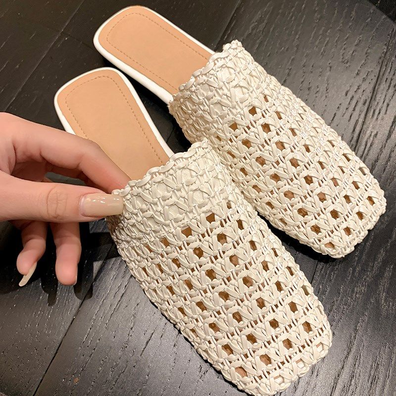法式度假配裙子夏季手工编织镂空半拖鞋复古包头拖鞋女外穿凉拖鞋