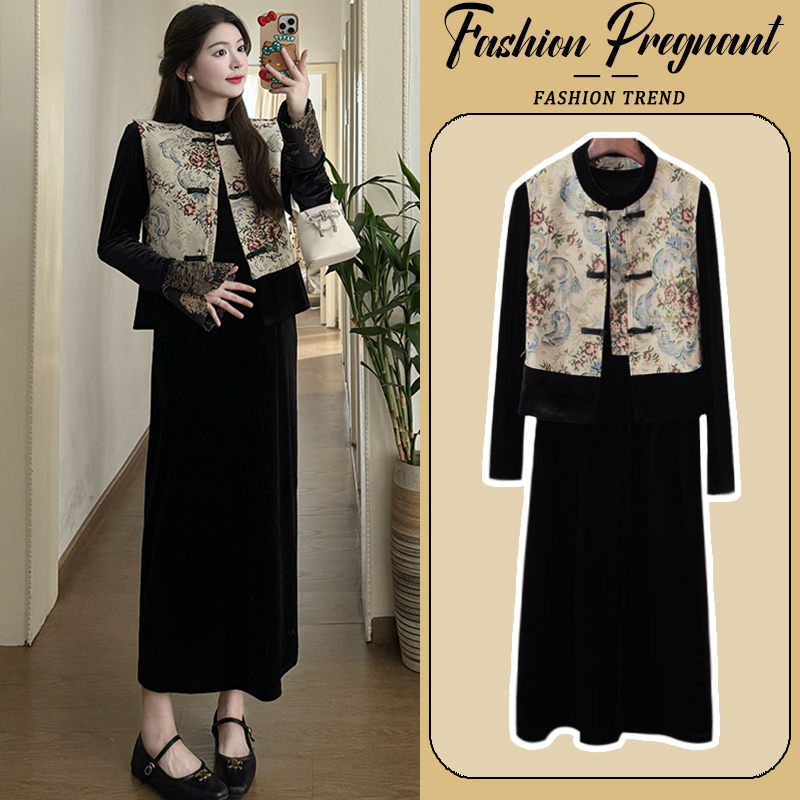 孕妇连衣裙套装春秋2024新款国风新中式旗袍马甲宽松时尚两件套