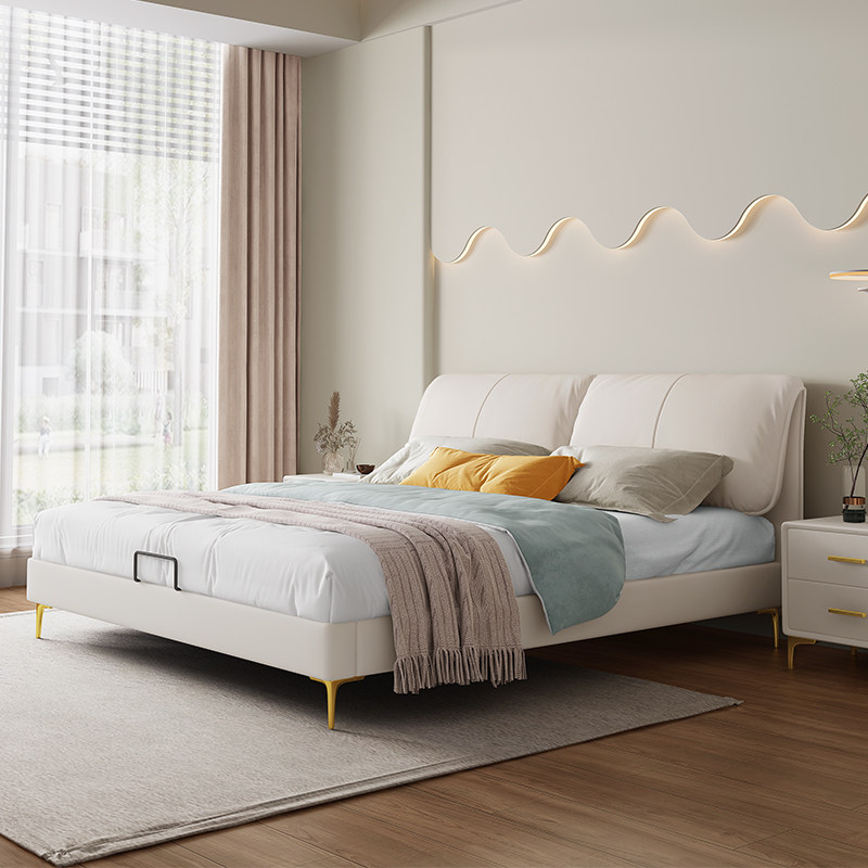 奶油风大象耳朵真皮牀1.8米主卧双人牀现代简约1米5储物软包牀