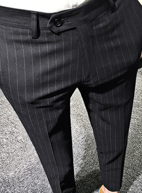 九分裤男生夏季弹力胖子大码韩版格纹裤子修身小脚裤发型师西裤潮