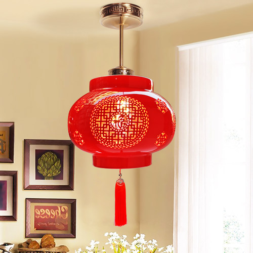 红色灯笼中国风陶瓷全铜乔迁大门吊灯客厅入户走廊过道卧室阳台灯