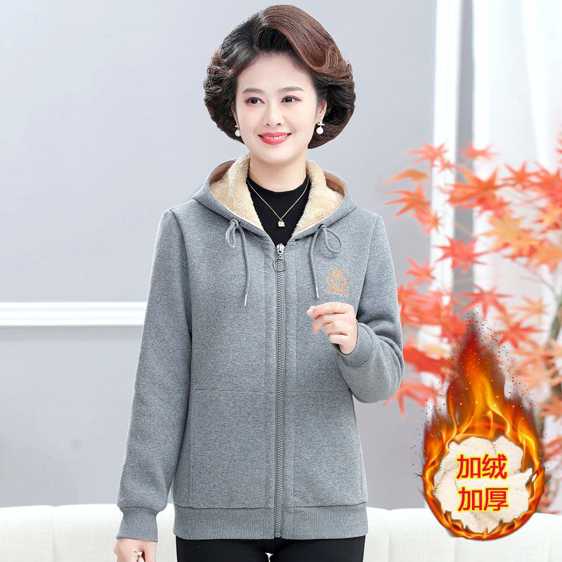 妈妈加绒加厚连帽卫衣外套秋冬季新款中老年女装宽松大码长袖衣服