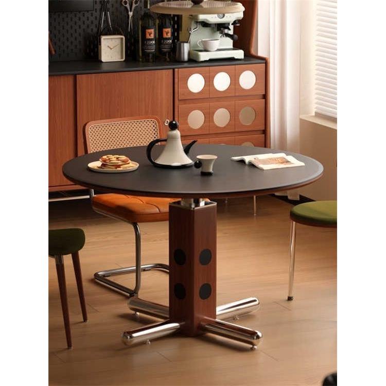 OMEAN中古风洞石岩板圆桌复古圆形餐桌家用小户型北欧实木吃饭桌