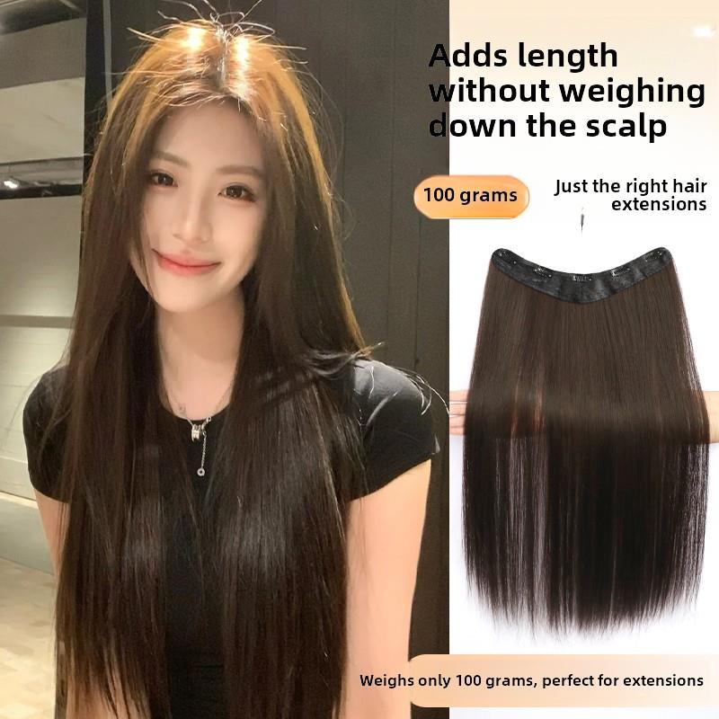 超薄一件式假发，增加发量，蓬松的隐形无迹黑色长直人造头发延伸