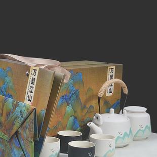 一壶两杯手绘提梁壶日式 功夫家用茶具套装 整套陶瓷茶盘茶壶旅行包