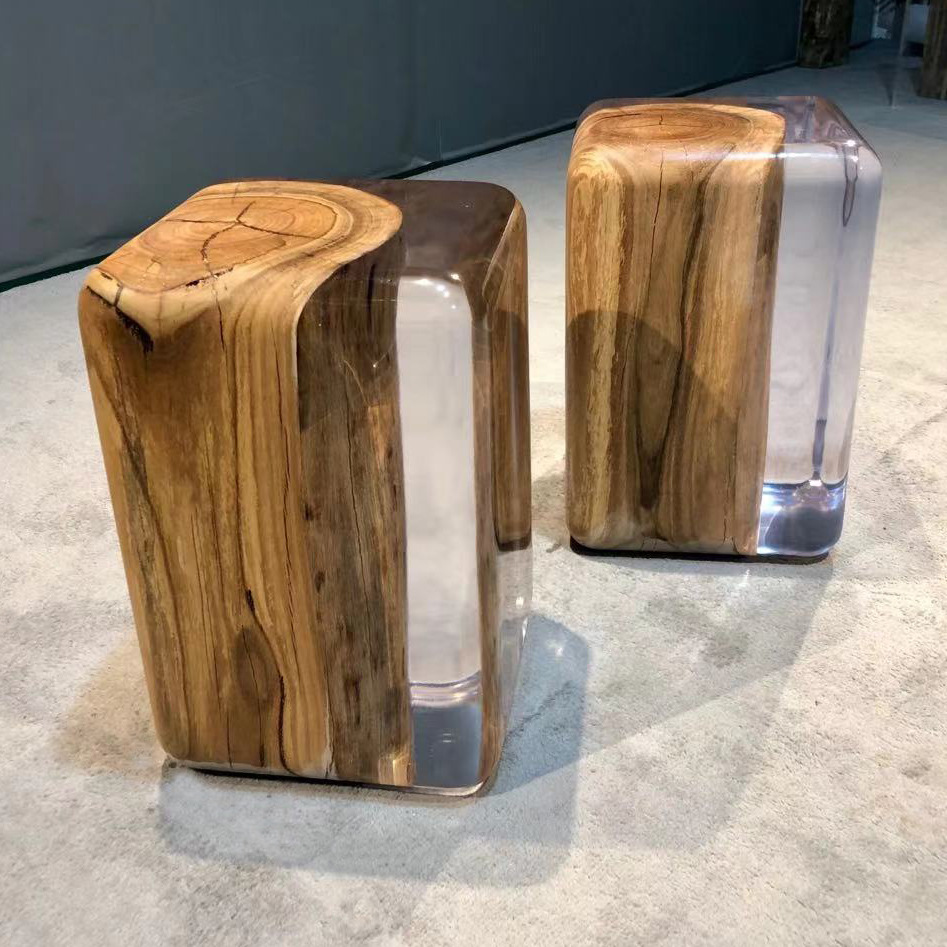 现代轻奢亚克力环氧树脂铂晶木墩客厅酒店会所软装设计网红边几