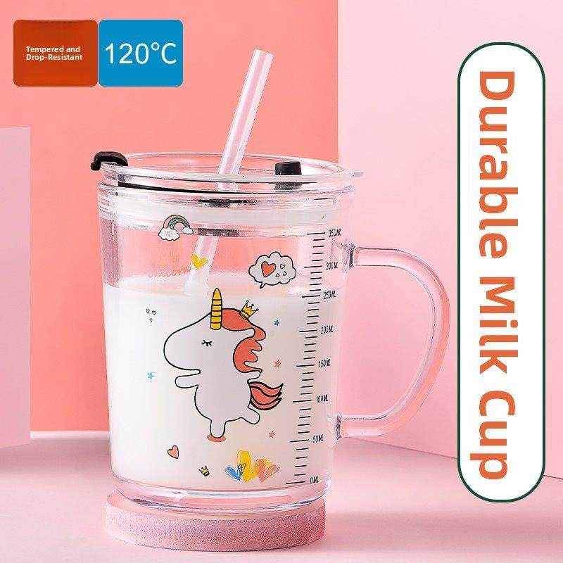 防摔带刻度儿童牛奶杯家用微波加热婴儿牛奶早餐杯钢化玻璃吸管杯