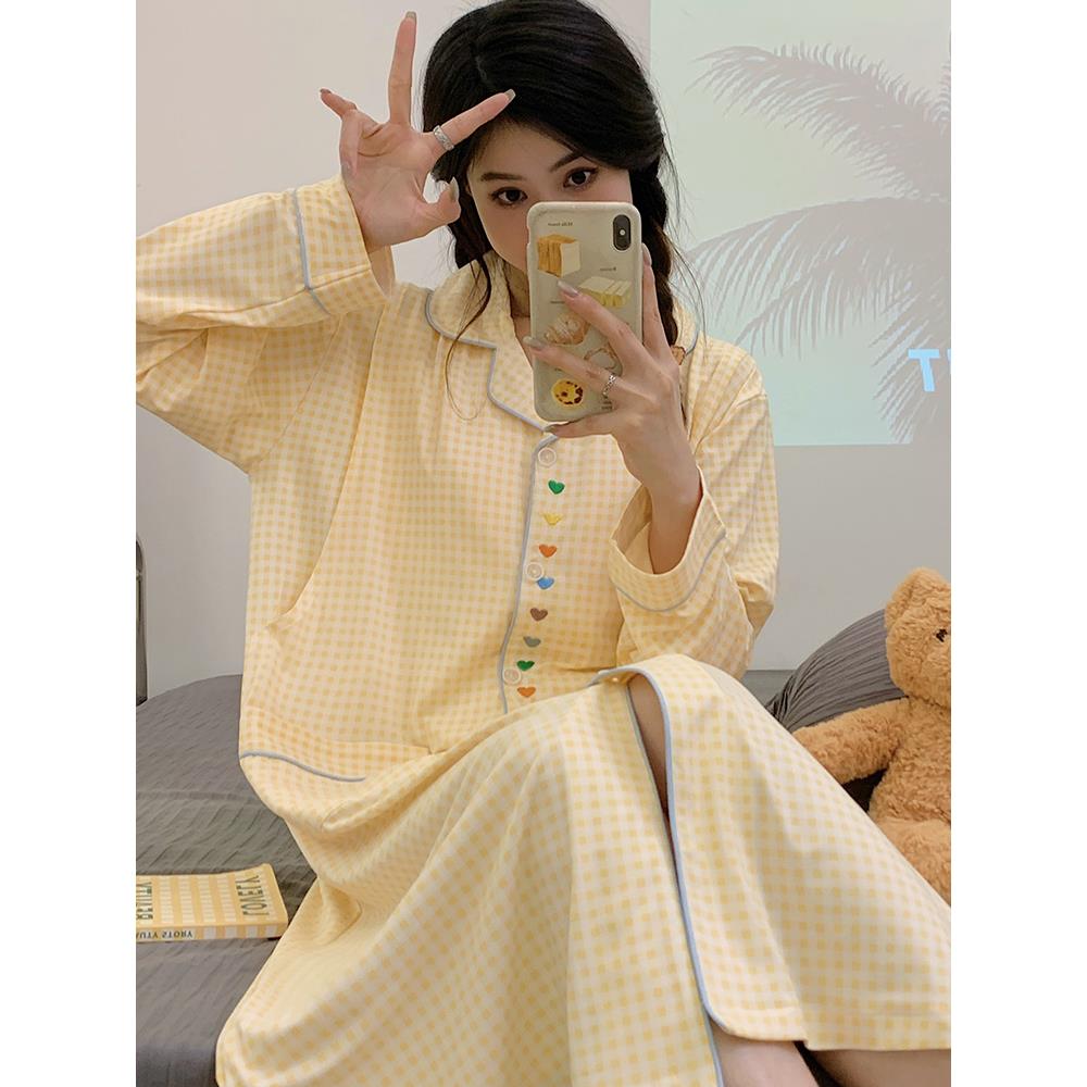 长款月子服春秋季带胸垫纯棉4月份哺乳孕妇睡衣产后睡裙夏待产裙5