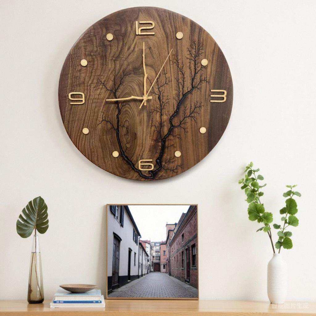 北美黑胡桃木电击纹钟表原木风超静音全实木手作孤品钟表木质挂钟