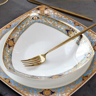 家用轻奢骨瓷浮雕餐具碟子8寸异形盘子欧式 三角盘 深菜盘汤盘餐盘