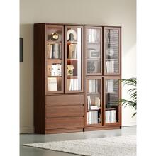全实木橡木胡桃色书柜推拉门带玻璃置物架落地柜家用卧室书房书架