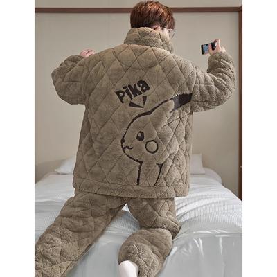 睡衣男款冬季珊瑚绒加厚加绒三层夹棉冬款男士青少年学生大童套装