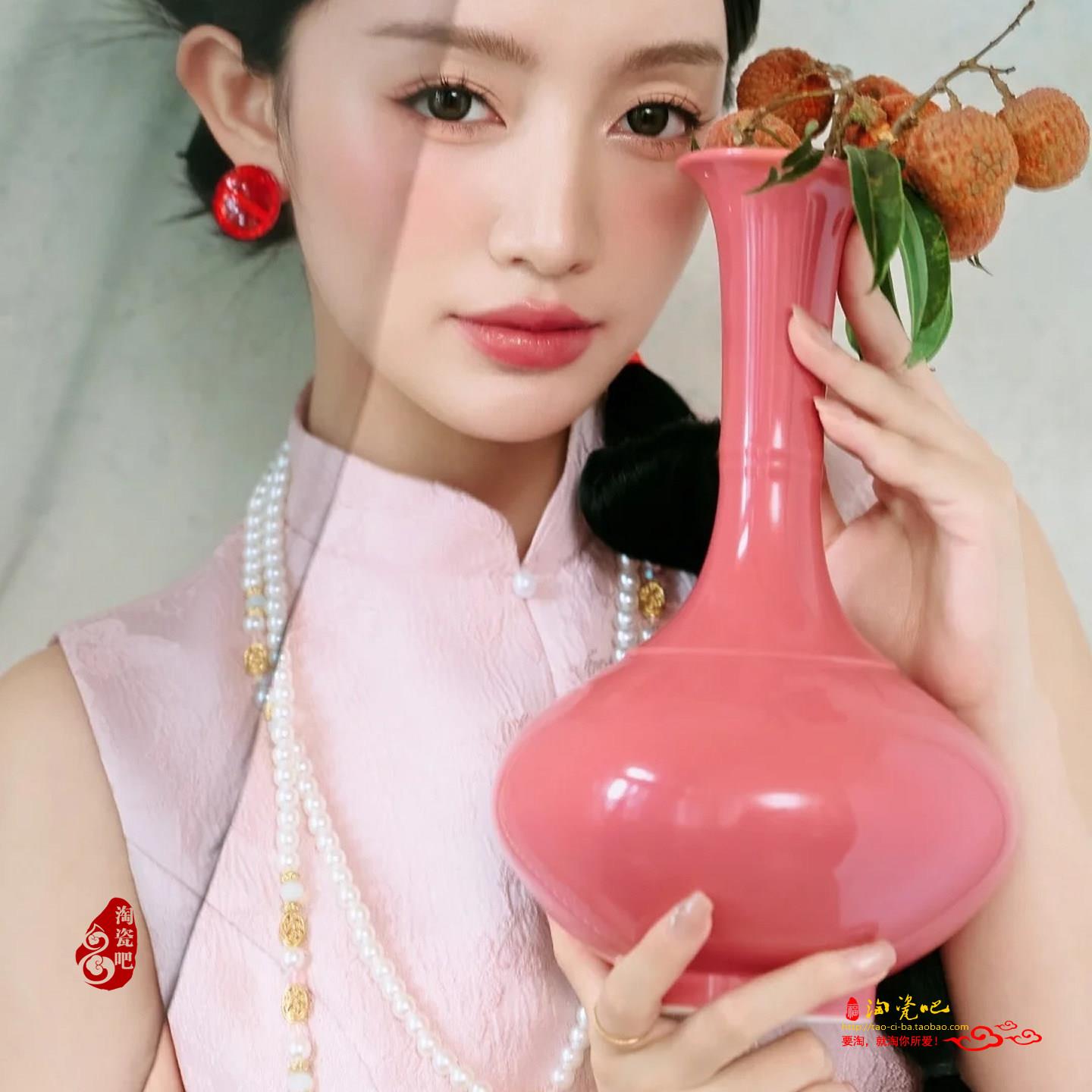 景德镇颜色釉陶瓷粉红色花瓶高颈瓶新中式摆件客厅桌面插花器花瓶