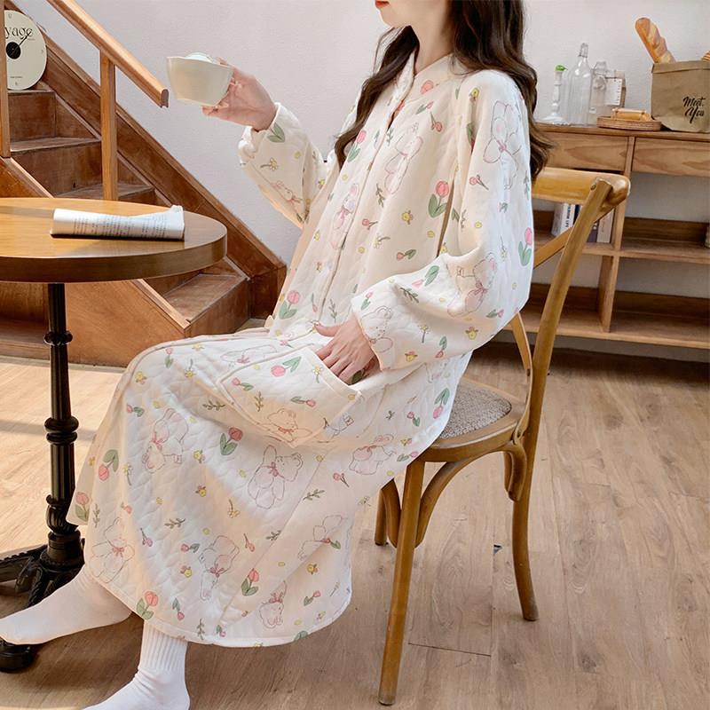 带胸垫待产裙孕妇秋冬季空气棉哺乳睡裙产后月子服春秋款产妇睡衣