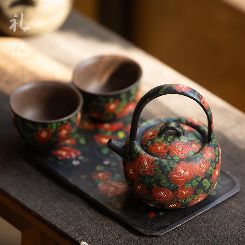 景德镇手绘新中式花卉釉下陶瓷茶壶玫瑰茶杯套装办公复古功夫茶具