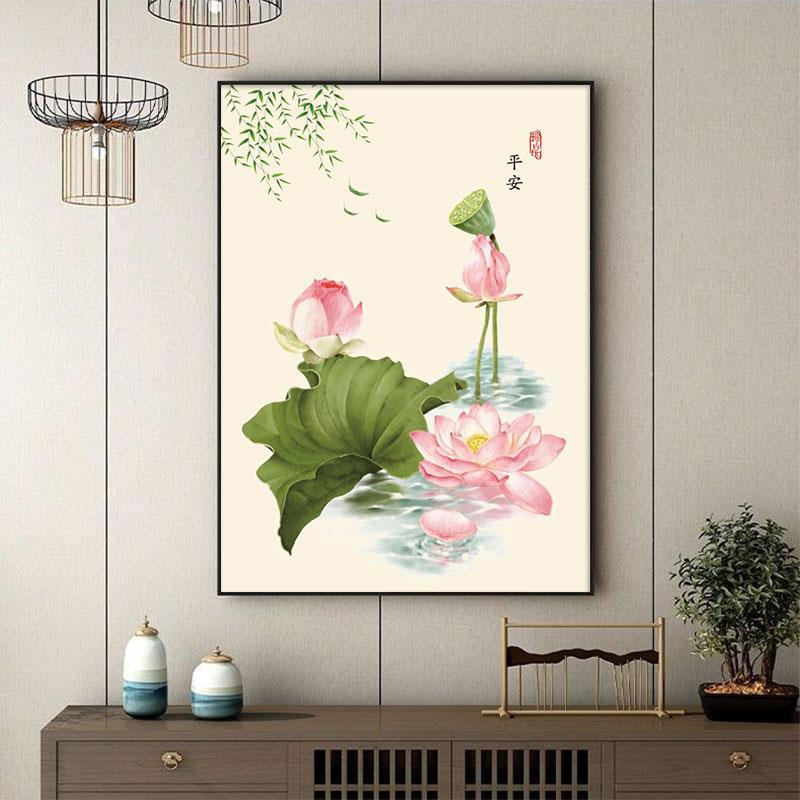 新中式挂画茶室禅道装饰画水墨画书房壁画荷花莲藕餐厅玄关画