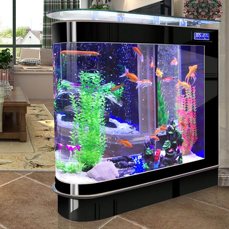 子弹头金鱼缸水族箱大型中型1.2/1.5米玻璃生态客厅家用落地屏风