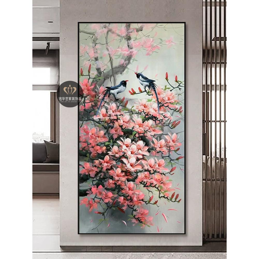 喜上眉梢装饰画新中式桃花玄关壁画客厅植物花卉喜鹊寓意好挂画