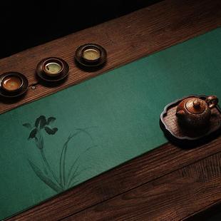 禅意茶席轻奢高端茶几茶旗茶台布艺长条茶布茶桌布 墨绿色桌旗中式