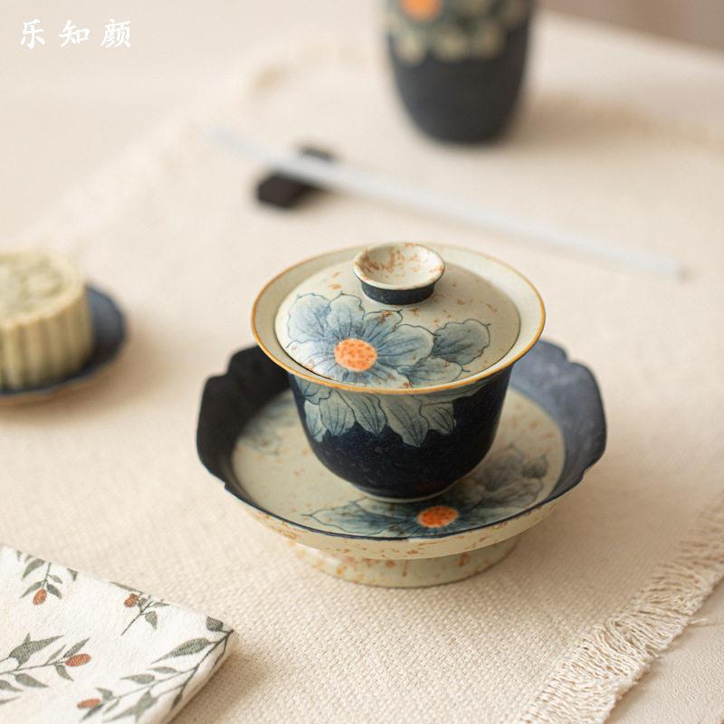 青花火石红盖碗釉下彩手绘向日葵敬茶碗功夫茶具陶瓷复古泡茶碗