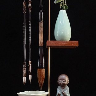 铜杆笔架毛笔挂毛笔学生墨碟双层禅意装饰创意摆件挂笔毛笔实木