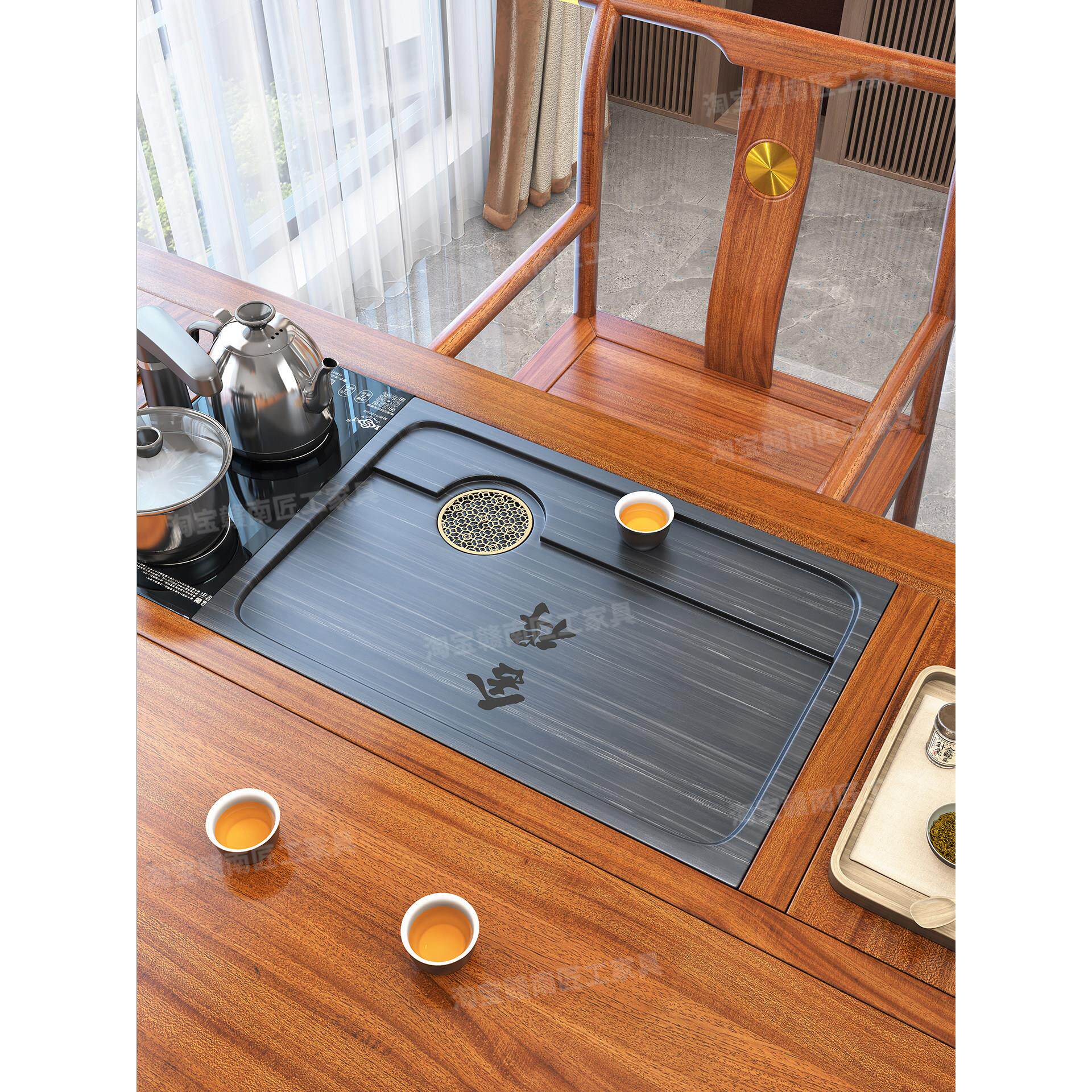 泡茶桌嵌入式茶盘石头面板定制茶台中间漏水板大理石岩板接水托盘