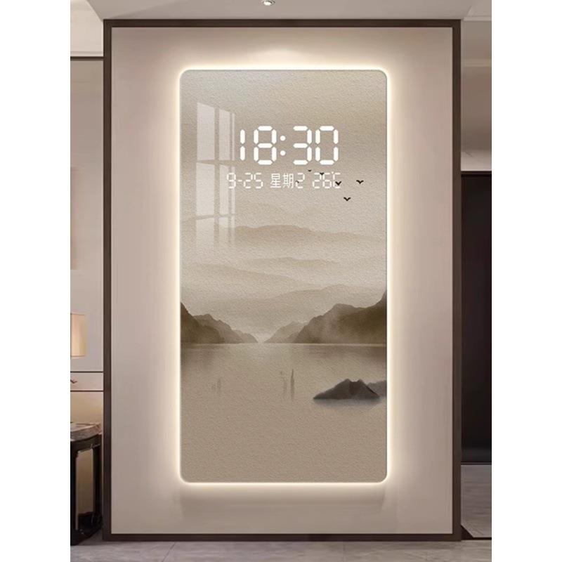 LED夜光电子玄关时钟挂画中式山水客厅装饰画正对门走廊过道壁画