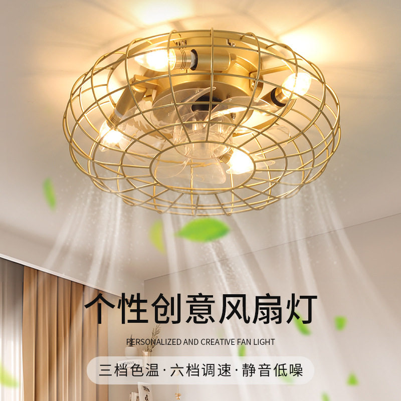 跨境110V卧室餐厅吸顶风扇灯高级感笼式复古风吊扇一体电风扇