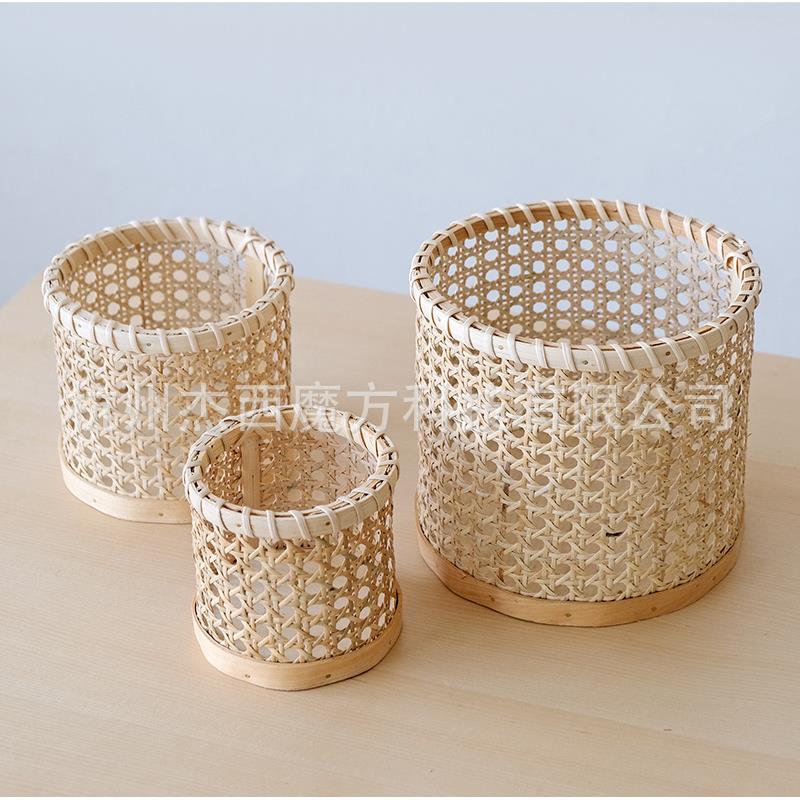 白藤手工编织柱形笔筒藤编小圆筒小花篮筐餐具收纳筐小杂物篮套装