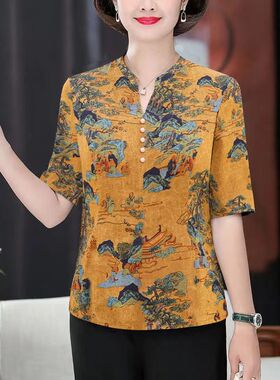 中老年女装短袖妈妈装2024夏季新款宽松洋气夏装T恤Y女妈妈装短袖