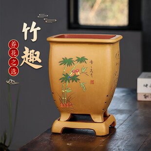 宜兴紫砂兰花盆手工四方盆有托盘盆景盆创意古典精品陶瓷悬崖盆栽