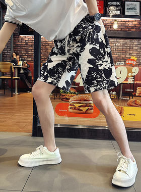 黑色牡丹满花直筒短裤男2024夏季潮流休闲速干五分裤子宽松沙滩裤