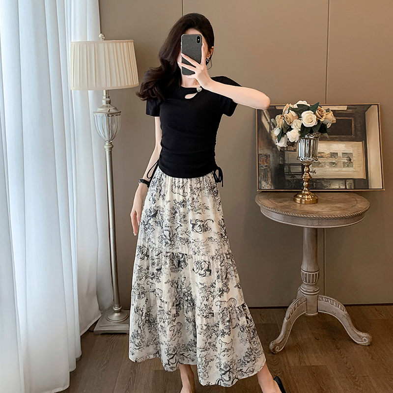 国风禅意休闲时尚套装2025夏季新系带收腰黑色TS恤印花阔腿裤套装