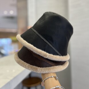 渔夫 日系做旧拼接puj水桶帽子女毛绒夹棉厚保暖护耳防寒复古冬季
