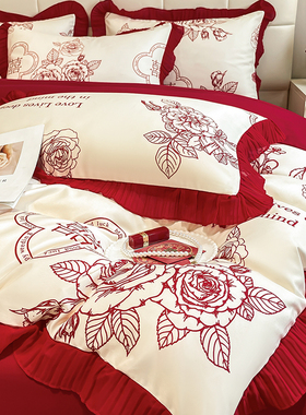 浪漫婚庆100支j全棉四件套结婚红色印花被套牀笠陪嫁婚房牀上用品