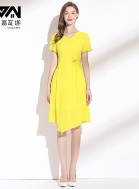 裙子20c21年新款夏天设计感v领短袖气质黄色连衣裙夏雪纺不规则裙
