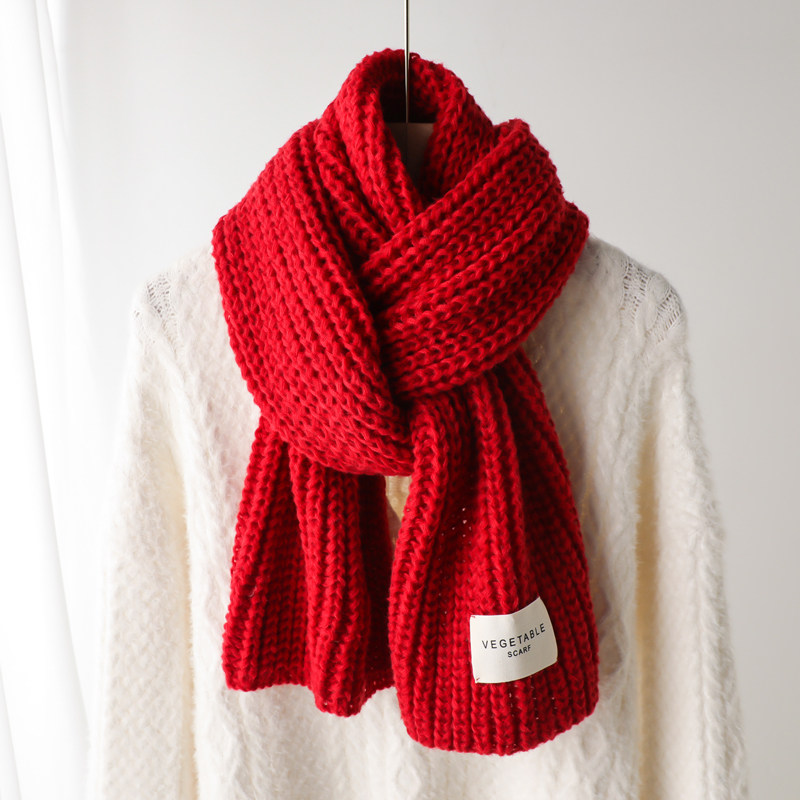 新年过年喜庆纯色大红色针织粗毛线围巾男女生秋冬季X短小围脖儿