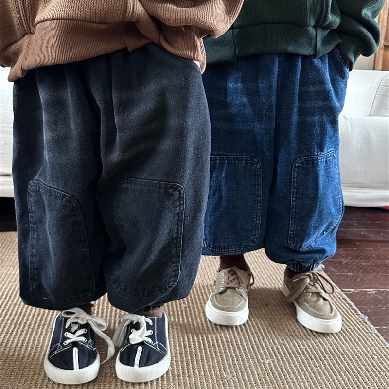 冬日百搭~儿ff童韩版加绒补丁牛仔裤男女宝宝冬装宽松加厚灯笼裤