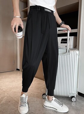 黑色裤子搭配马丁靴的束脚裤男九分裤小脚哈伦西裤发型师西装裤潮